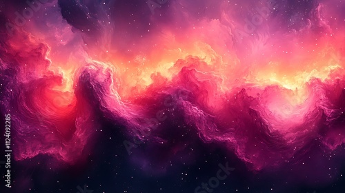 Abstract cosmic nebula with vibrant pink, orange, and purple hues, swirling clouds of gas and dust.