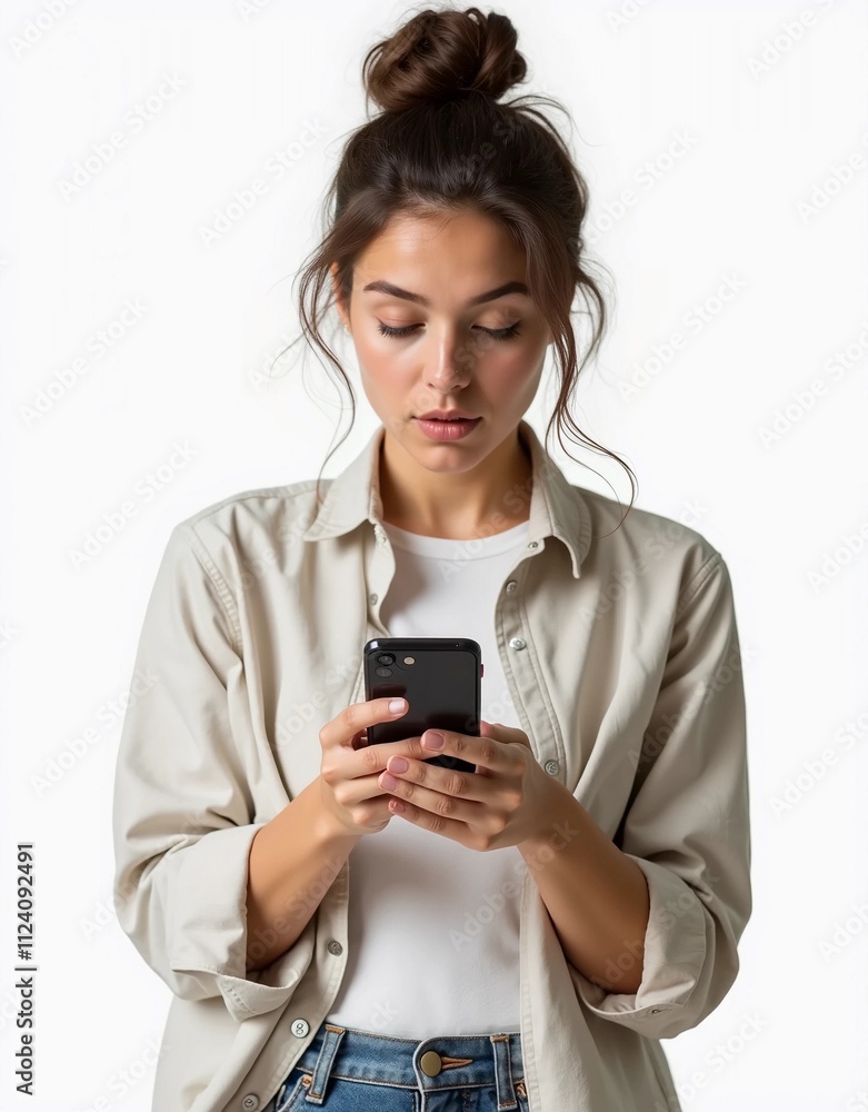 A Caucasian woman is silent while looking at smartphone screen isolated on white background A Caucasian woman is silent while looking at smartphone screen isolated on white background