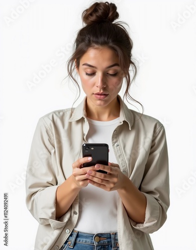 A Caucasian woman is silent while looking at smartphone screen isolated on white background