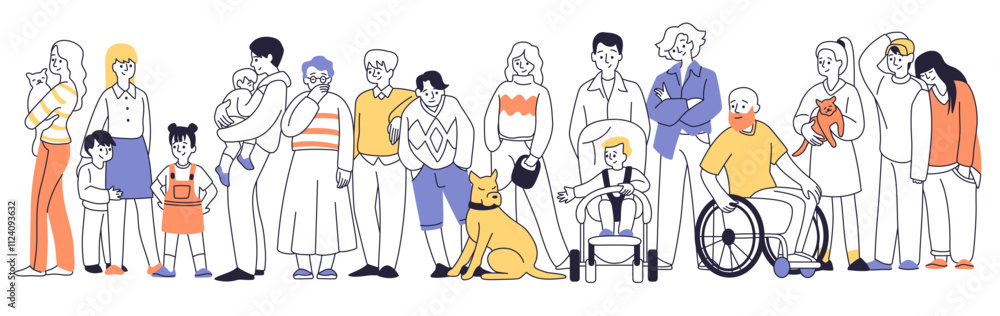 People together. Japanese family welfare, smile many face, man and woman with children and pets. Simple peace communication. Young and old persons. Vector modern cartoon flat isolated set People together. Japanese family welfare, smile many face, man and woman with children and pets. Simple peace communication. Young and old persons. Vector modern cartoon flat isolated set