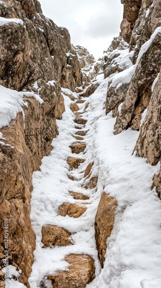 Snowy stone pathway through rocky terrain Snowy stone pathway through rocky terrain