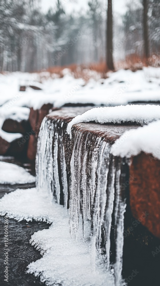 Melting icicles cascading over a frozen waterfall Melting icicles cascading over a frozen waterfall