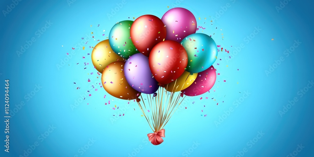 Colorful Balloons with Confetti on a Bright Blue Background Colorful Balloons with Confetti on a Bright Blue Background