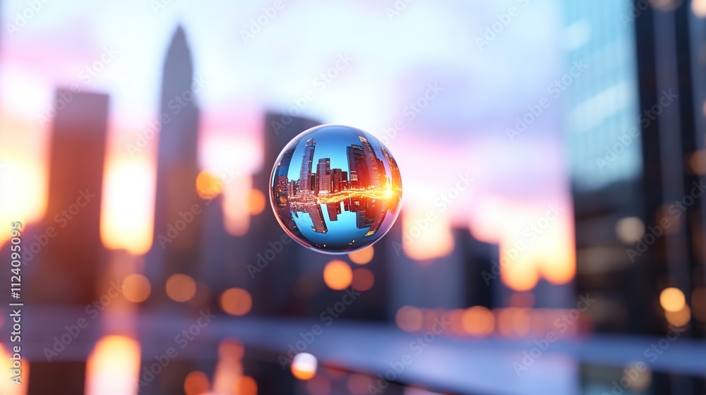 Fototapeta premium A reflective bubble captures a city skyline during sunset, creating a surreal visual effect.