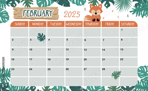 2025 February calendar week start on Sunday with safari style for horizonral printable design