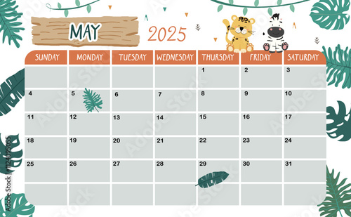 2025 May calendar week start on Sunday with safari style for horizonral printable design