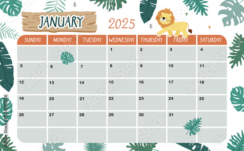 2025 January calendar week start on Sunday with safari style for horizonral printable design