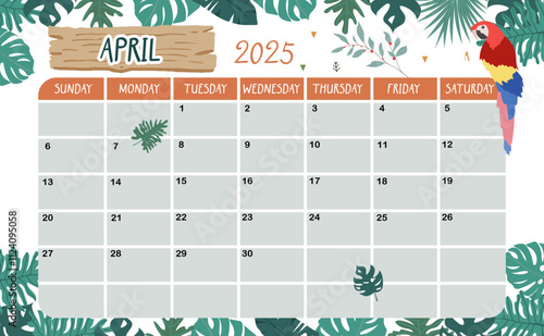 2025 April calendar week start on Sunday with safari style for horizonral printable design