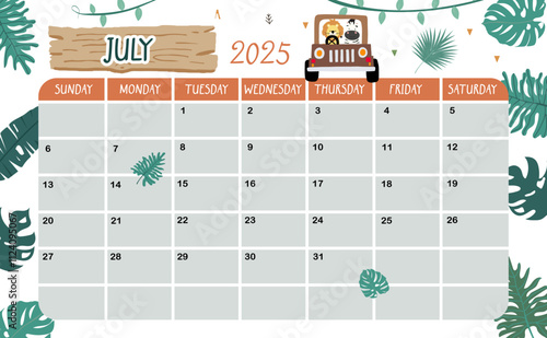 2025 July calendar week start on Sunday with safari style for horizonral printable design
