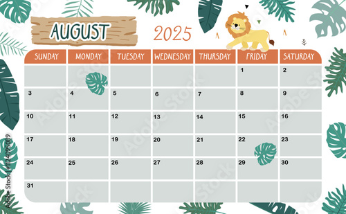 2025 August calendar week start on Sunday with safari style for horizonral printable design