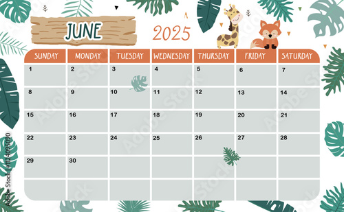2025 June calendar week start on Sunday with safari style for horizonral printable design