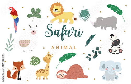 safari animal element object design with leaves decoration
