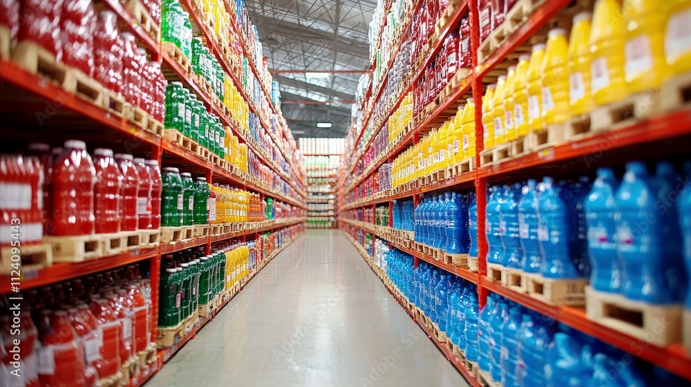 Colorful Arrangement of Beverage Bottles in Warehouse Aisle with Bright Lighting and Organized Shelves for Retail Display and Inventory Management Colorful Arrangement of Beverage Bottles in Warehouse Aisle with Bright Lighting and Organized Shelves for Retail Display and Inventory Management