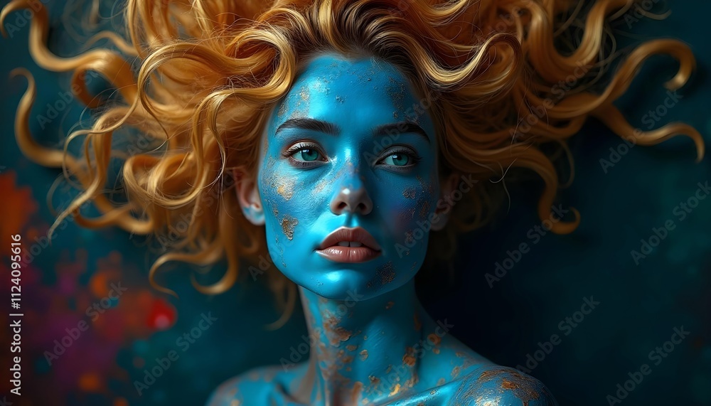 Surreal abstract portrait of a woman with vivid blue skin and swirling blonde hair Surreal abstract portrait of a woman with vivid blue skin and swirling blonde hair