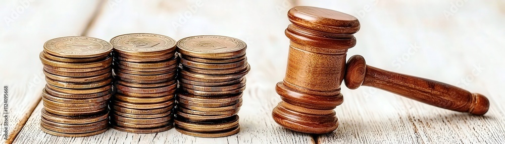 Wooden Gavel Next to Stacked Coins on Light Wooden Surface Representing Legal System, Justice, Finance, Currency, and Monetary Policy Concepts Wooden Gavel Next to Stacked Coins on Light Wooden Surface Representing Legal System, Justice, Finance, Currency, and Monetary Policy Concepts
