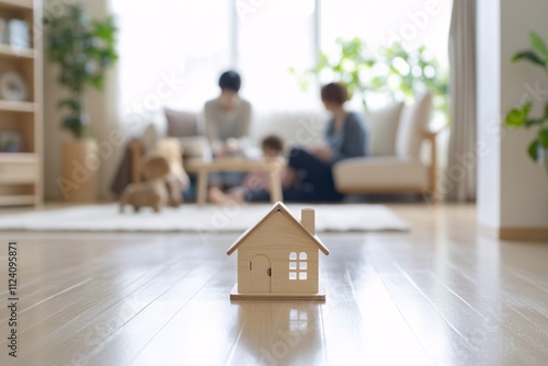 Simple wooden house model on a floor with blurred indoor home family activity as background