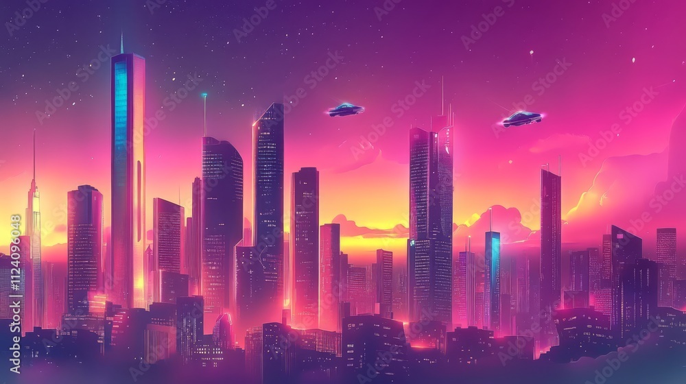 Futuristic city skyline at sunset with flying vehicles. Futuristic city skyline at sunset with flying vehicles.
