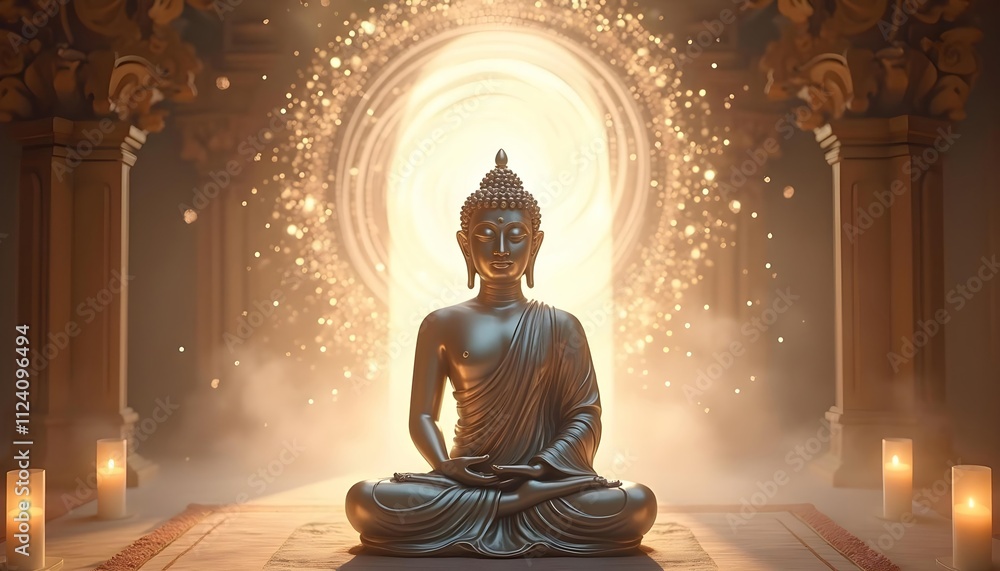 A silver Buddha statue, peacefully seated on a lotus throne, surrounded by a radiant, shimmering energy field A silver Buddha statue, peacefully seated on a lotus throne, surrounded by a radiant, shimmering energy field