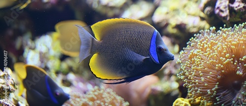Tropical angel fish school in vibrant anemones