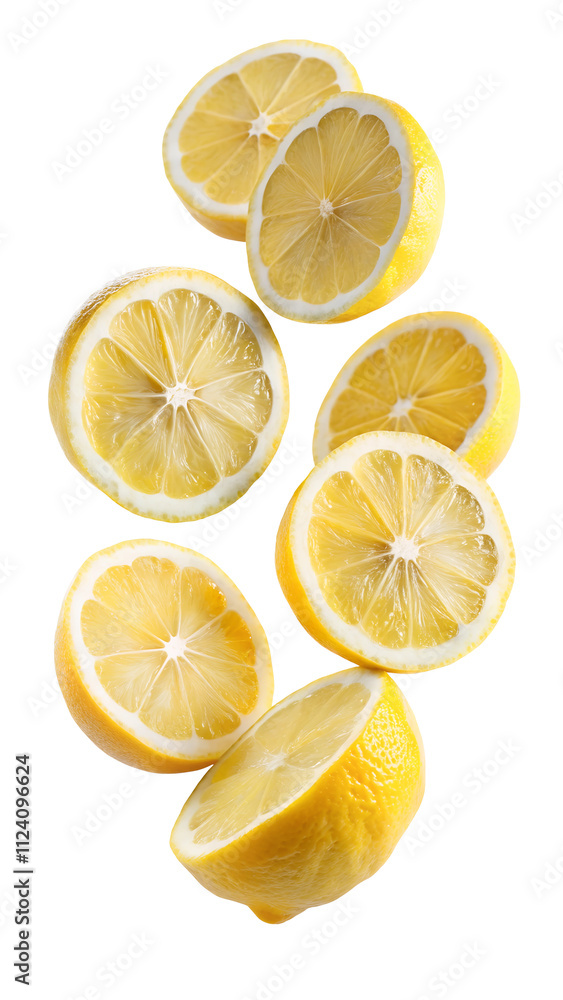 flying lemon and half slices isolated on transparent white background, clipping path flying lemon and half slices isolated on transparent white background, clipping path