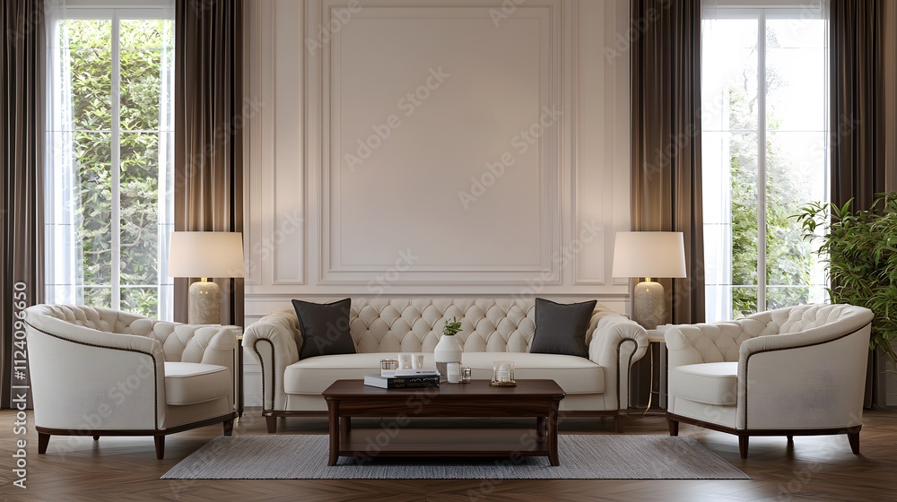Fototapeta premium Elegant Lounge with Timeless Furniture Design Featuring Rich Upholstery and a Warm, Inviting Atmosphere Perfect for Relaxation and Sophisticated Gatherings