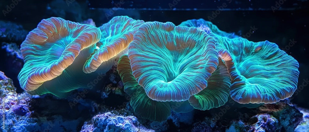 Bioluminescent coral display under calm waters Bioluminescent coral display under calm waters
