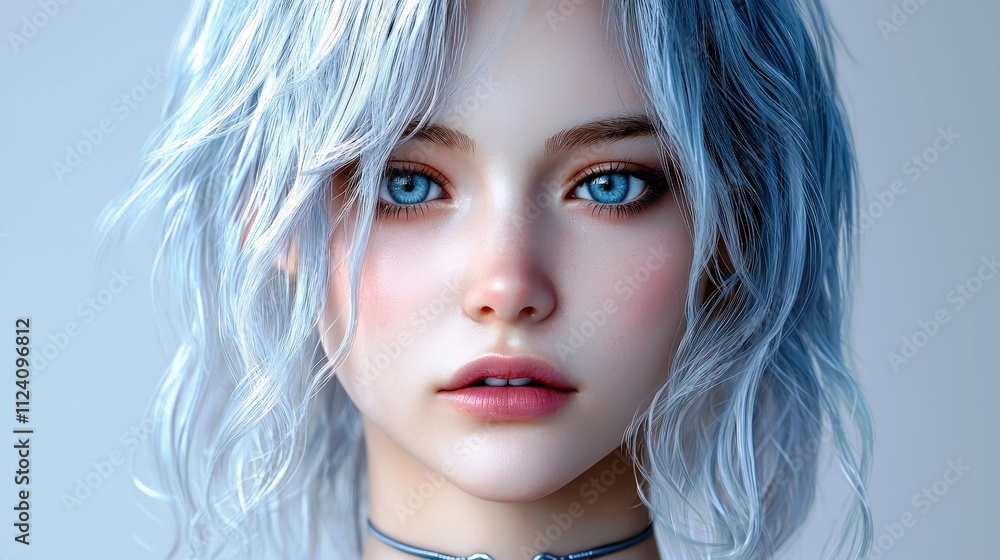 Fototapeta premium Portrait of Young Woman with Light Blue Hair and Striking Blue Eyes in Soft Light Environment Showing a Calm Expression and Elegant Choker Accessory