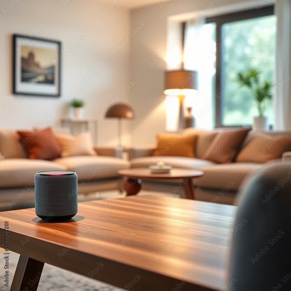 A modern smart speaker sits on a wooden table in a cozy, minimalist living room with soft lighting. A modern smart speaker sits on a wooden table in a cozy, minimalist living room with soft lighting.