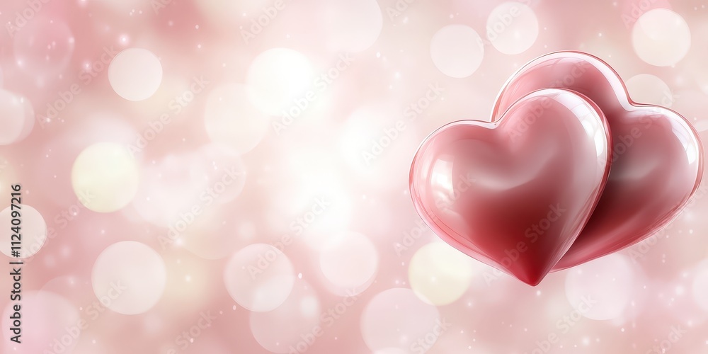 Two glossy hearts on soft pink bokeh background for romantic theme Two glossy hearts on soft pink bokeh background for romantic theme