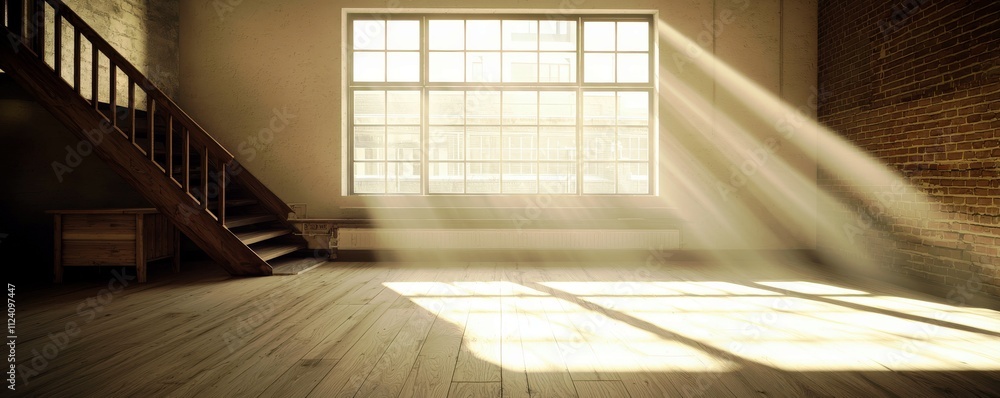 Bright and Airy Interior Space with Natural Light Streaming Through Large Window and Wooden Stairs in a Minimalist Setting Bright and Airy Interior Space with Natural Light Streaming Through Large Window and Wooden Stairs in a Minimalist Setting