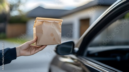 Courier Delivering Neatly Packed Meal Through Car Window in Residential Area, Emphasizing Food Delivery Service and Convenience photo