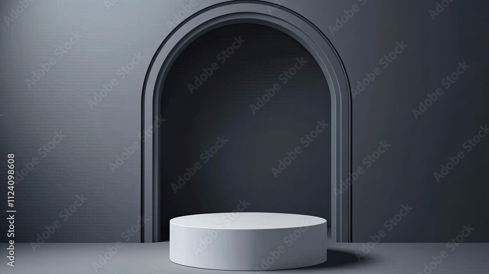 Dark grey abstract 3D background, realistic white cylindrical podium on arched window. Dark grey abstract 3D background, realistic white cylindrical podium on arched window.