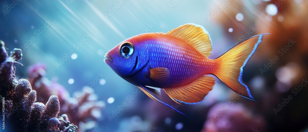 Iridescent chromis fish dance in sunlit waters Iridescent chromis fish dance in sunlit waters