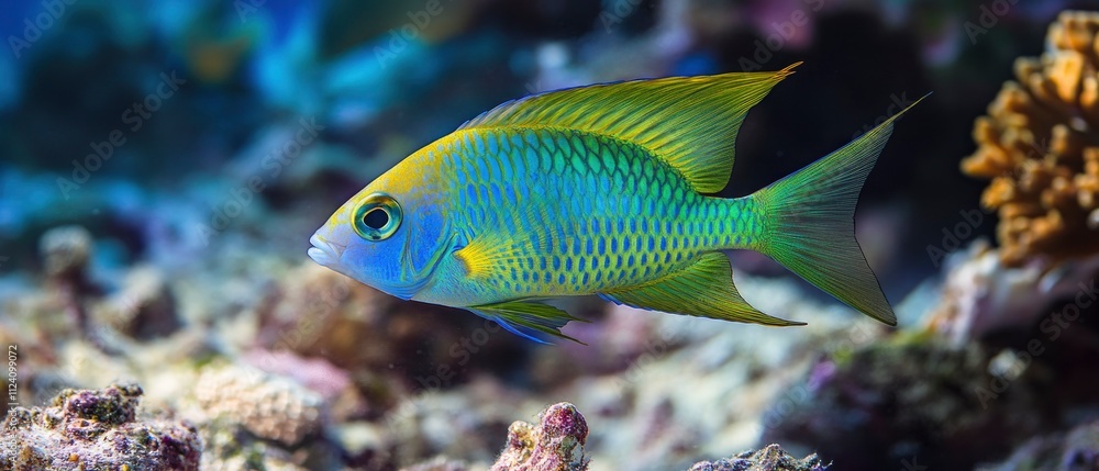 Neon green chromis swimming past coral garden Neon green chromis swimming past coral garden