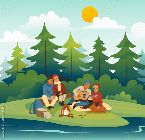 Family picnic. Nature landscape. Scenic wild forest and river water. Green fir trees. Summer vacation. Hiking adventure. People sitting around bonfire Natural park campsite. Vector concept