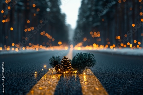 Festive pinecones with glittering lights rest on a road lined with bokeh, evoking a serene winter night, capturing the spirit of holidays and peace. photo