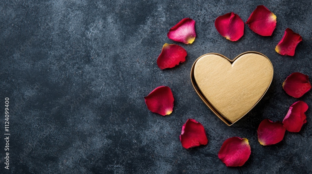 Obraz premium Valentine flowers and commitment concept. Golden heart surrounded by rose petals on a dark surface.