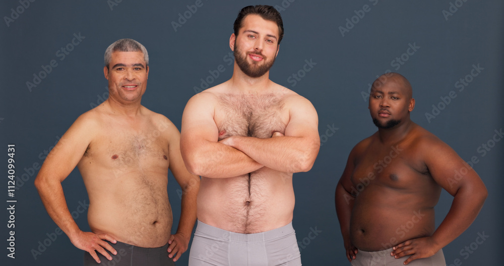 Portrait, body positivity and group of men in underwear with confidence, inclusion and unique identity in studio. Diversity, solidarity and male friends with pride, arms crossed and grey background Portrait, body positivity and group of men in underwear with confidence, inclusion and unique identity in studio. Diversity, solidarity and male friends with pride, arms crossed and grey background