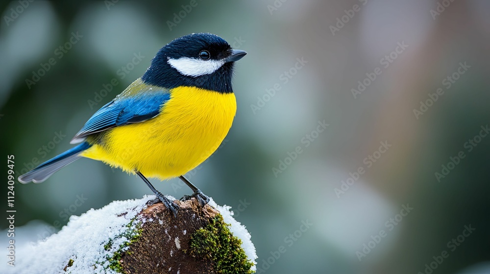 Yellow blue bird perched on snowy branch Yellow blue bird perched on snowy branch