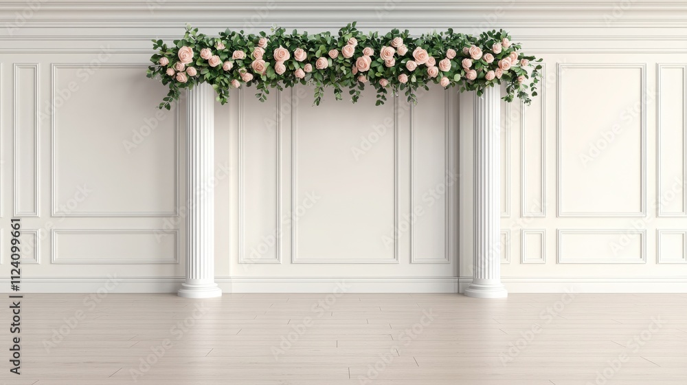 Valentine flowers and commitment concept. Elegant floral arrangement above white pillars in a stylish interior setting. Valentine flowers and commitment concept. Elegant floral arrangement above white pillars in a stylish interior setting.