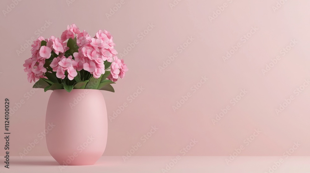 Valentine flowers and commitment concept. A pink vase filled with blooming pink flowers on a soft pastel background. Valentine flowers and commitment concept. A pink vase filled with blooming pink flowers on a soft pastel background.