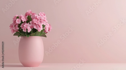 Valentine flowers and commitment concept. A pink vase filled with blooming pink flowers on a soft pastel background.
