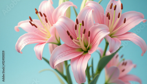 Light pink lily flower on blue background