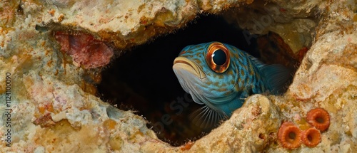 Tiny blenny fish peeks from coral hole underwater scene photo