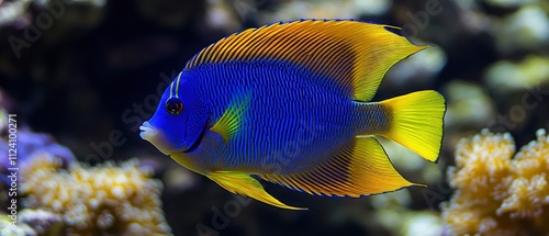 Vibrant damselfish swimming around coral reef photo