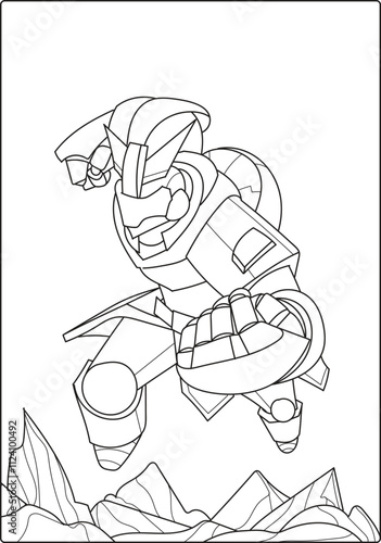 Children's coloring book with a black and white outline robot theme.