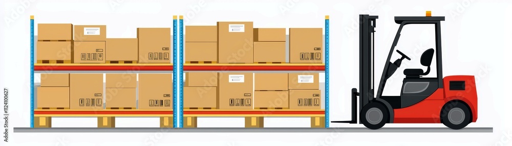 Illustration of a red forklift lifting cardboard boxes on industrial shelving in a warehouse setting with organized storage and clear space for operations. Illustration of a red forklift lifting cardboard boxes on industrial shelving in a warehouse setting with organized storage and clear space for operations.