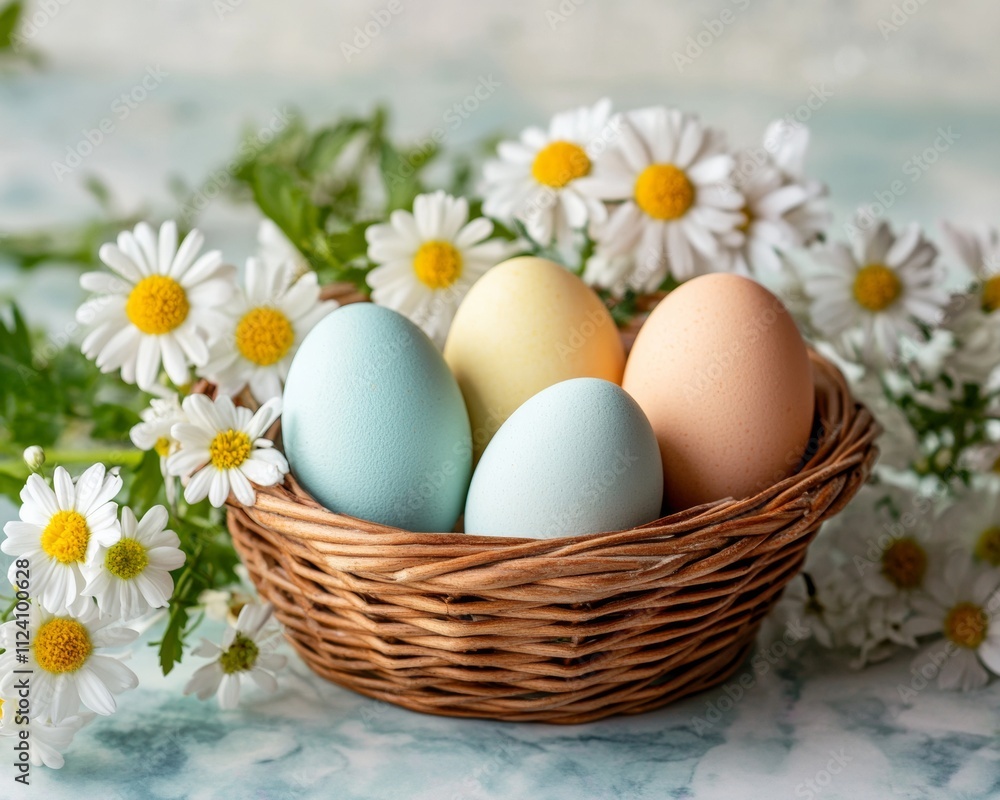 Easter eggs in a basket with spring flowers on a pastel background. Easter eggs in a basket with spring flowers on a pastel background.