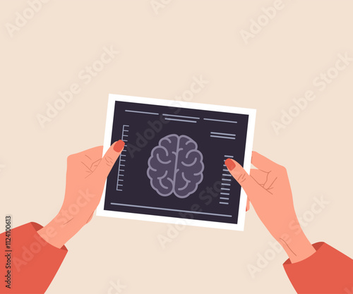 Neurologist concept. Female hand holding result of brain research. Study brain diseases. Anatomy and biology. Vector illustration in flat cartoon style.