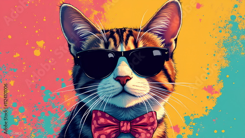 A floppy-eared persan cat rendered in a palette of neon pinks yellows and blues wearing oversized sunglasses and a polka-dotted bowtie photo